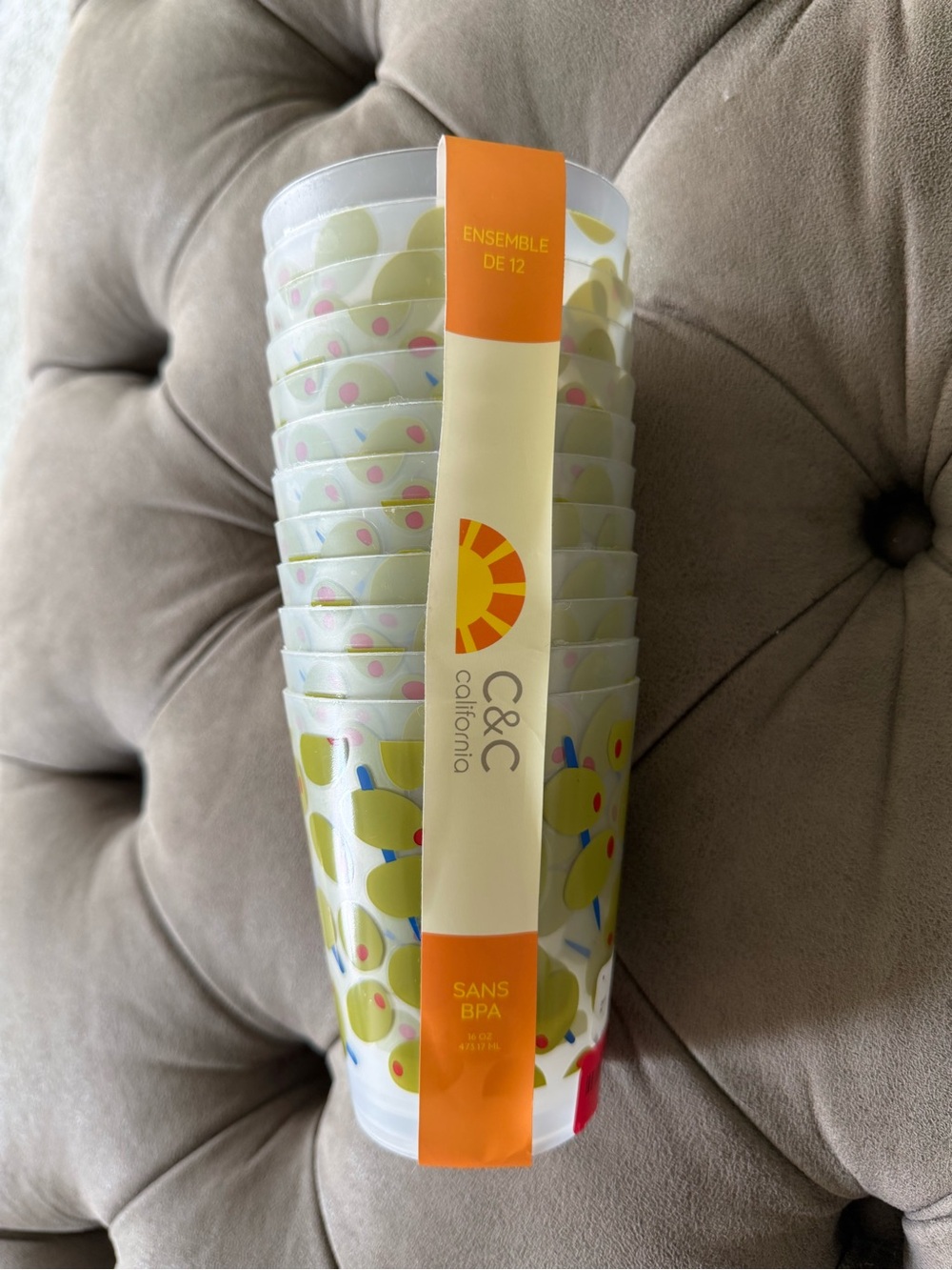 NWT C&C California Green Olive Print Plastic Cups - Pack of 12